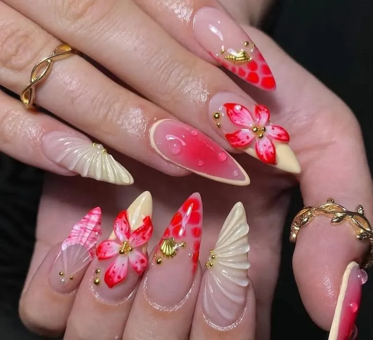 Pink and red 3D floral nail art with gold detail by M1 Nails & Beauty