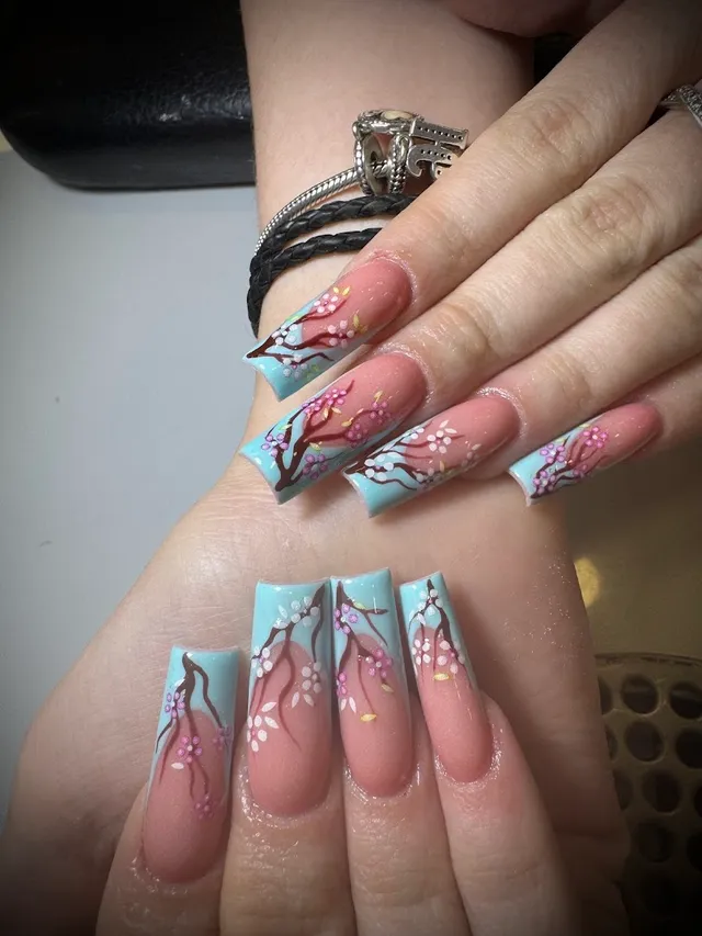Blue floral coffin nails