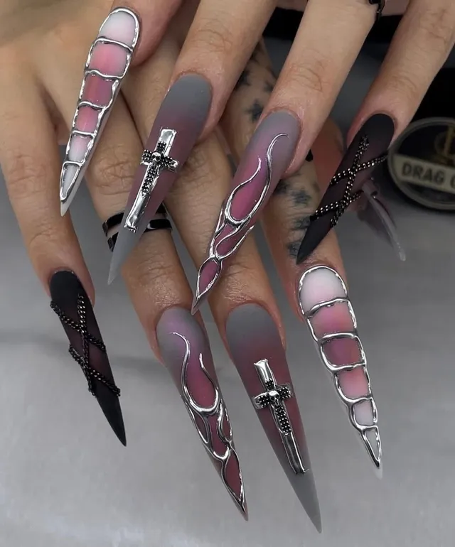 Grey and pink stiletto nails with silver chrome flame art