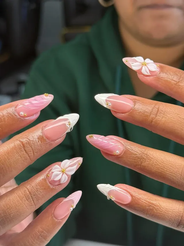 Pink and white French almond nails