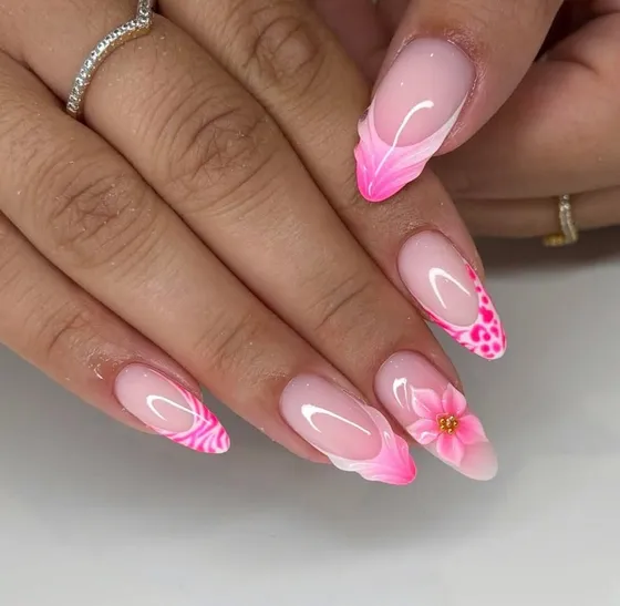 Soft pink French gel manicure with a hand-painted flower by M1 Nails & Beauty